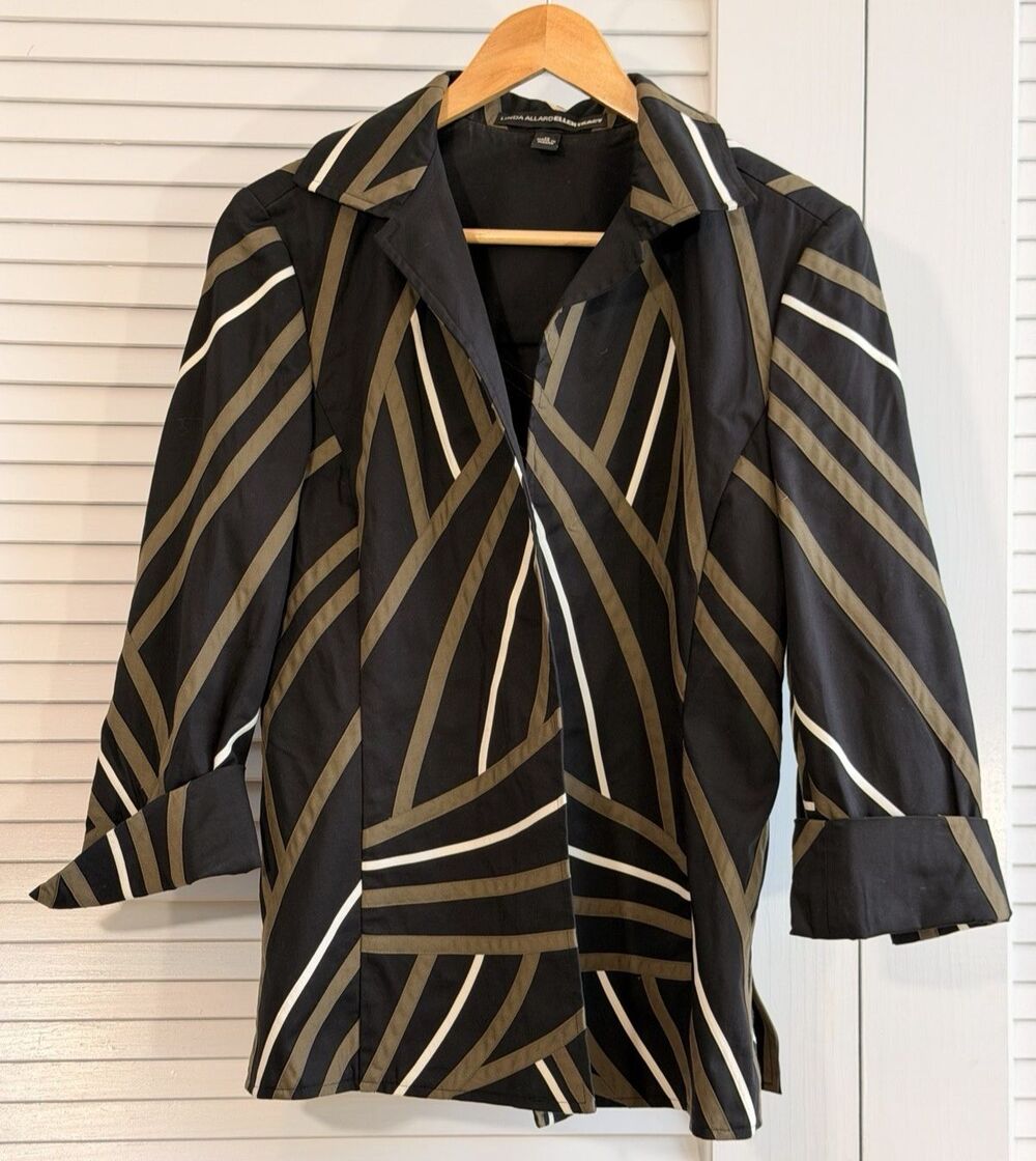 Linda Allard Ellen Tracy Size 10 Black Geometric Art Deco Blazer Jacket